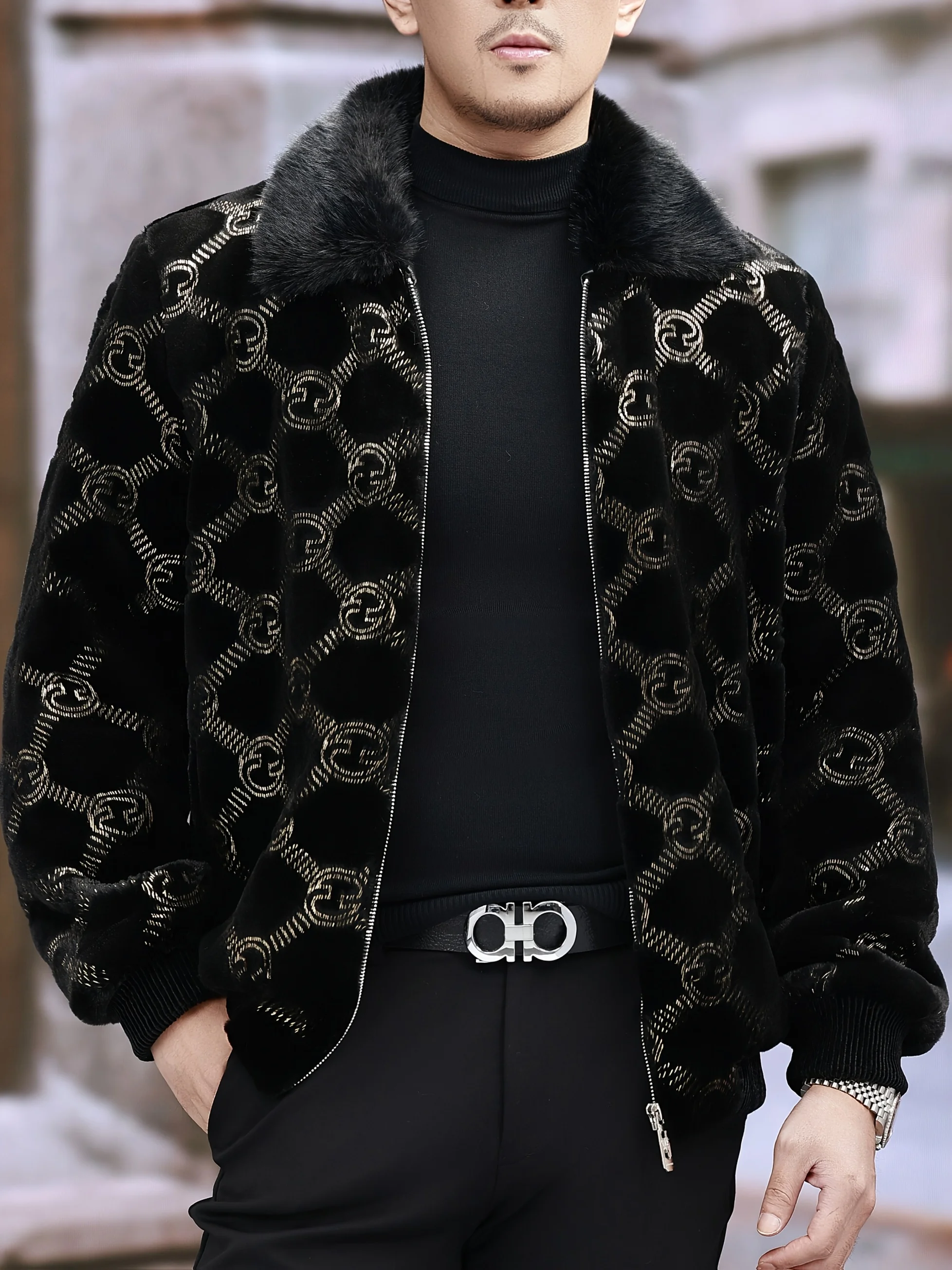 

Winter Men's Warm Lapel Bronzing Printed Imitation Mink Jacket
