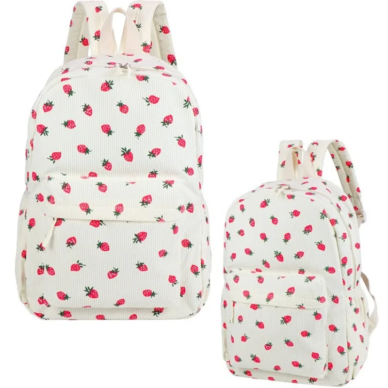 Corduroy Backpack Strawberry  Women Travel Daypack Adjustable Strap Laptop Backpack Zipper for Work Shopping School Mochilas
