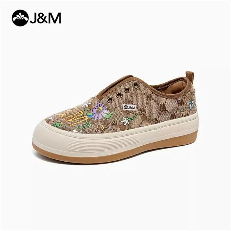 

J&M Cartoon Women Loafers Fashion Flower 4cm Platform Lady Shoes Summer Breathable Cloth Shoes Slip-on Casual Shoes