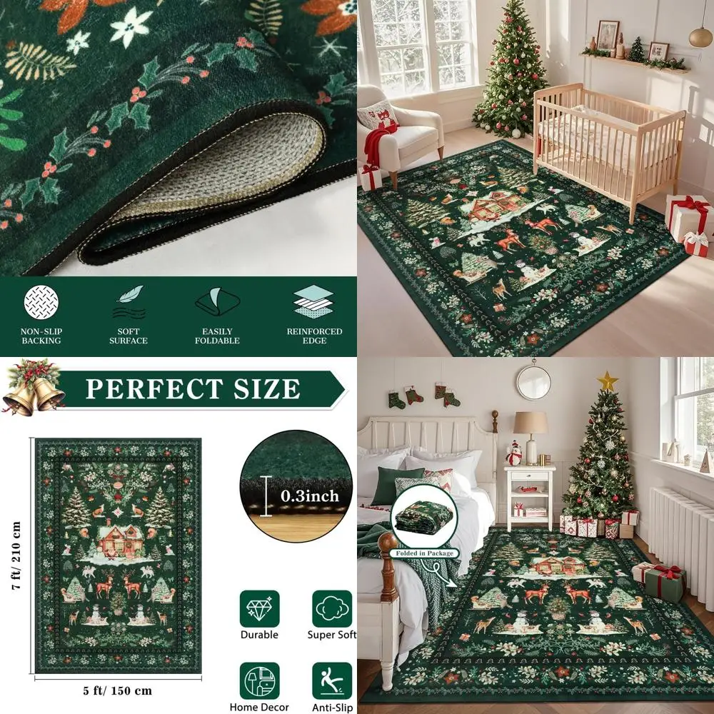 

5x7ft Washable Green Christmas Tree Rugs for Living Room, Soft Boho Floral Animal Print Area Rugs for Bedroom, Dining Room, Kids