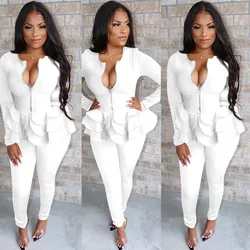 New Elegant Two Piece Set Women's Set Zipper Cascading Ruffles Short Jacket Coat and Pencil Pant Suits Sexy 2 Piece Club Outfits