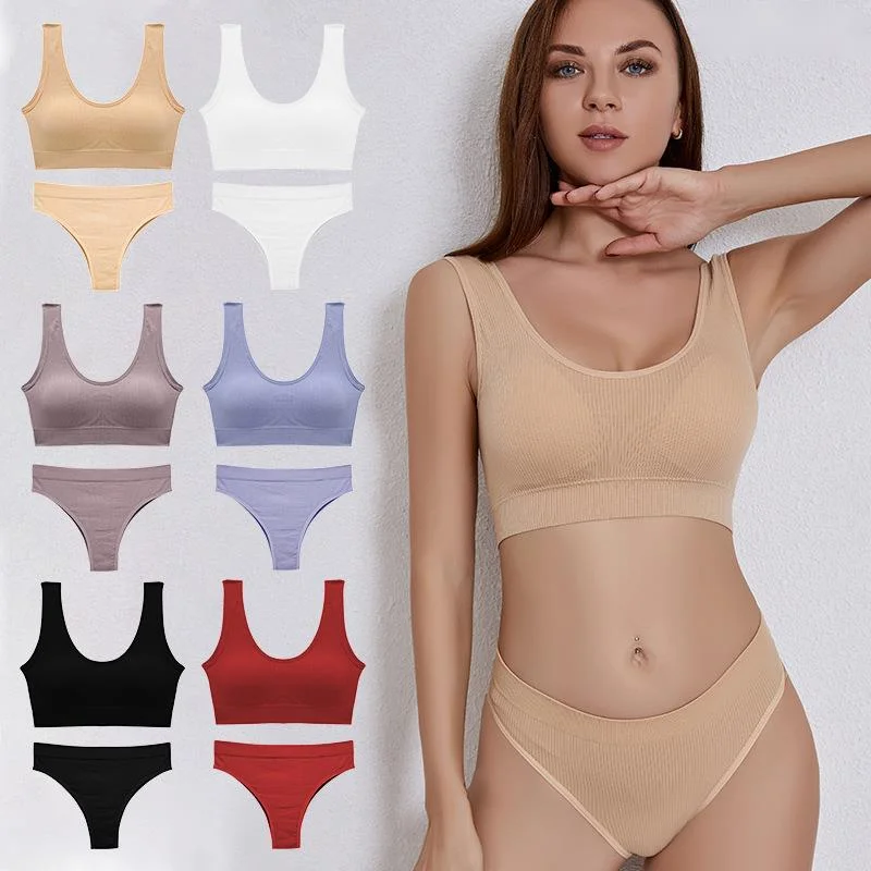 Women Yoga Bra Set Sexy Lingerie Female Sports Underwear Ribbed Tops Girls Fashion Brassiere Thong Stretchy Tank Crop Tops Suit