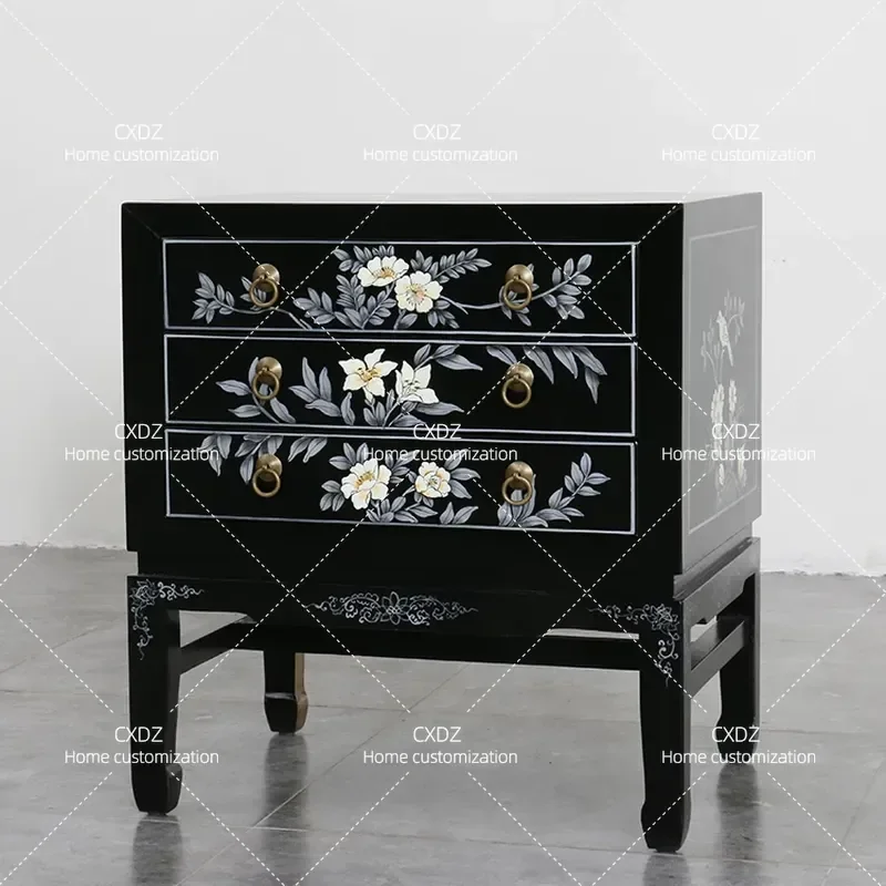 Solid Wood Bedside Table Modern Simple Living Room Corner Cabinet Hand Painted Three Drawer Storage Locker