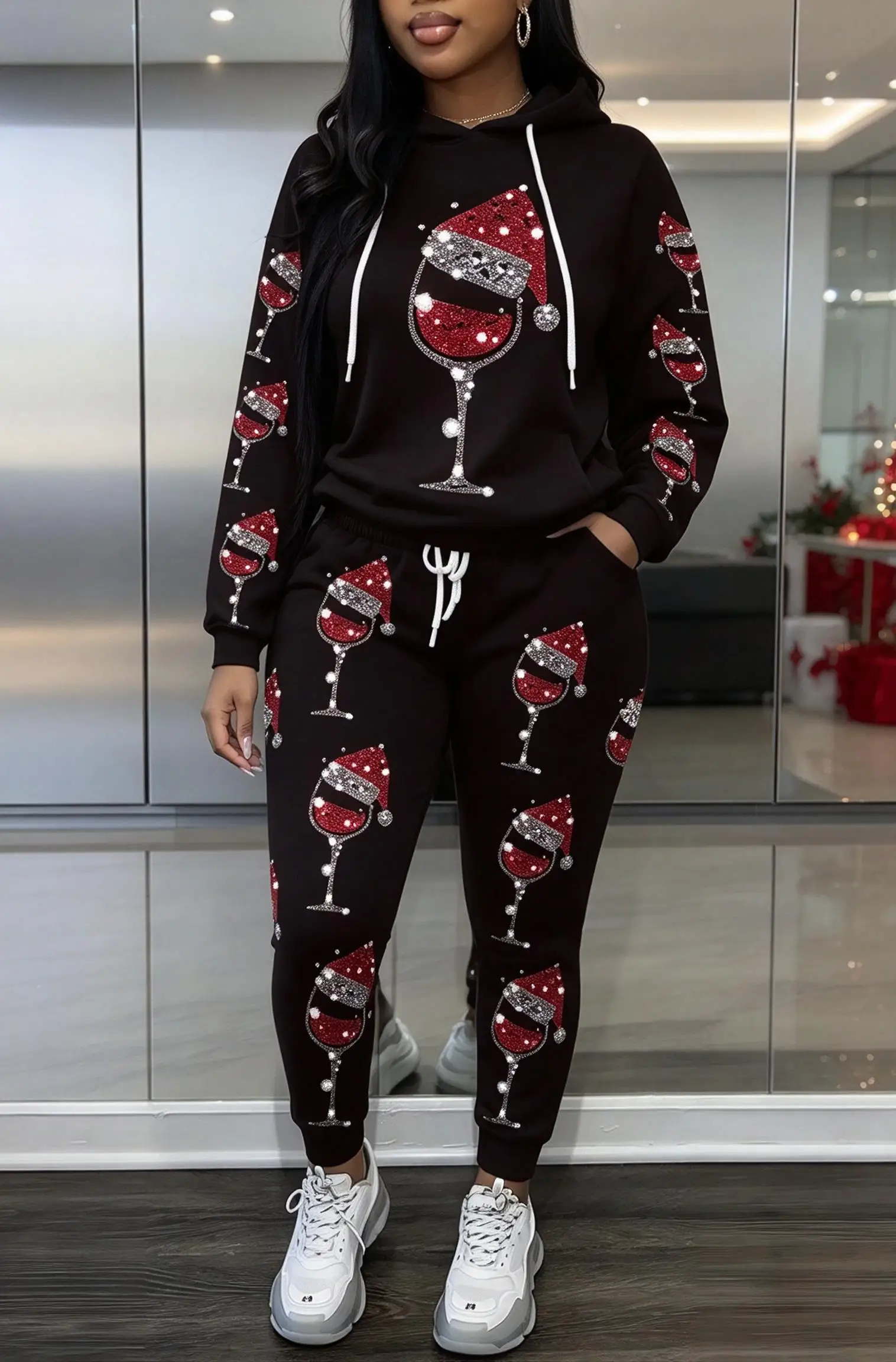 Women Christmas Wine Glass Faux Rhinestone Print Hooded Tracksuit, Hoodie & Cuffed Jogger Pants 2 Piece Outfit
