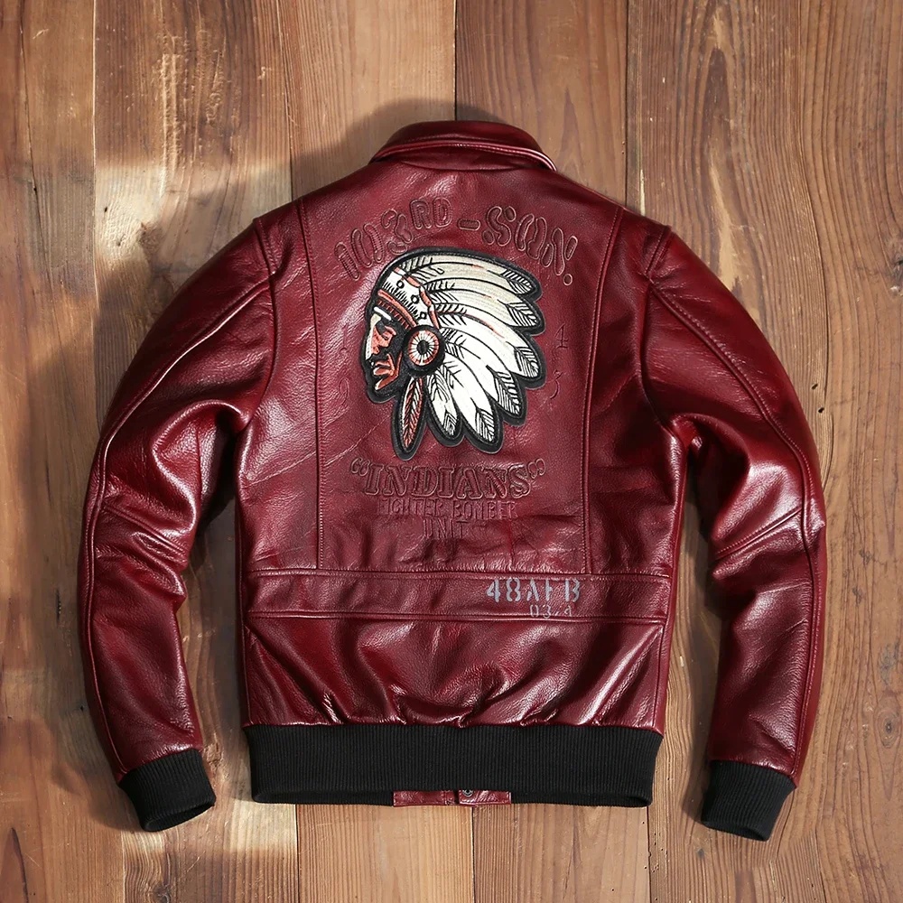 Flight A2 Pilot Indian Cow Leather Motorcycle Wine Red Jacket 100% Cowhide Embroidery Men's Aviator Jacket Bomber Male Clothing