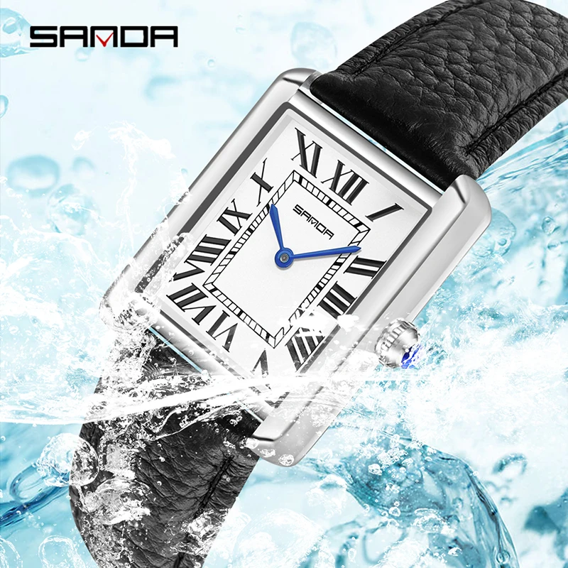 SANDA New Quartz Watch Roman Numeral Stainless Steel Leather Watchband Brief Lovers Watch 30M Waterproof Hot Men\'s Women\'s Watch