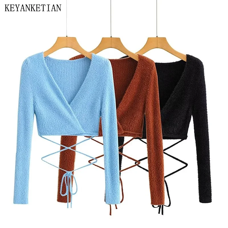 

KEYANKETIAN Autumn New Women's Soft Mohair Sweater High Street Sexy Asymmetrical Cross Strap Short Knitwear Slimming Crop Top