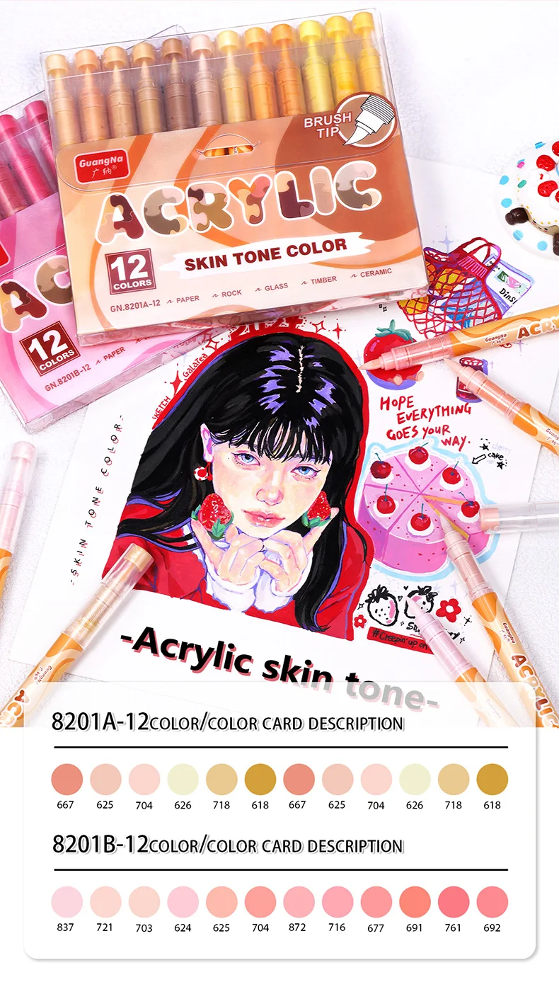 GuangNa 12-72 Farben Soft Brush Acryl-Markierungsstift-Set, Hautton, Macaron-Farbe, DIY handgezeichnet, Paint Art Markers Stifte, GN.8201F/M – Detail 26