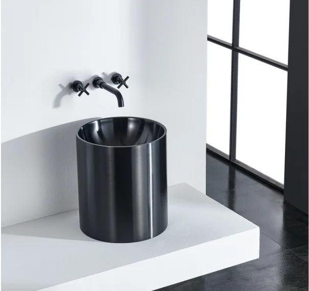 

304 Stainless Steel Hotel Column Basin Wall-Mounted Hand Washing Sink with Non-Perforated Artistic Design for Bathrooms
