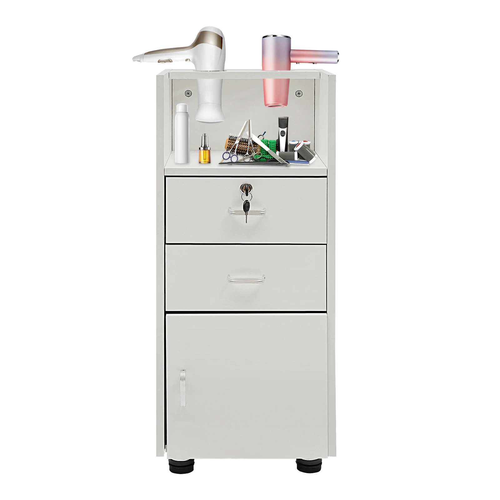 

Barber Stations Storage Cabinet with Drawer, Hair Stylist Station with 2 Hair Dryer Holders,White