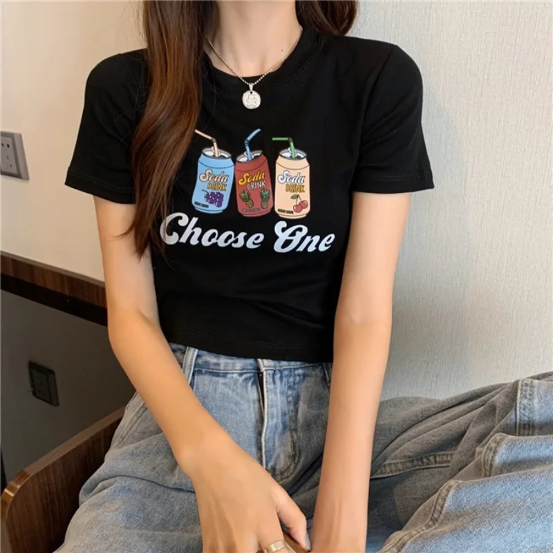 Cute Cartoon Letter Printed T-shirt Women Girls New Korean Tight Slim Black White Short Sleeve Cropped Tops Summer New