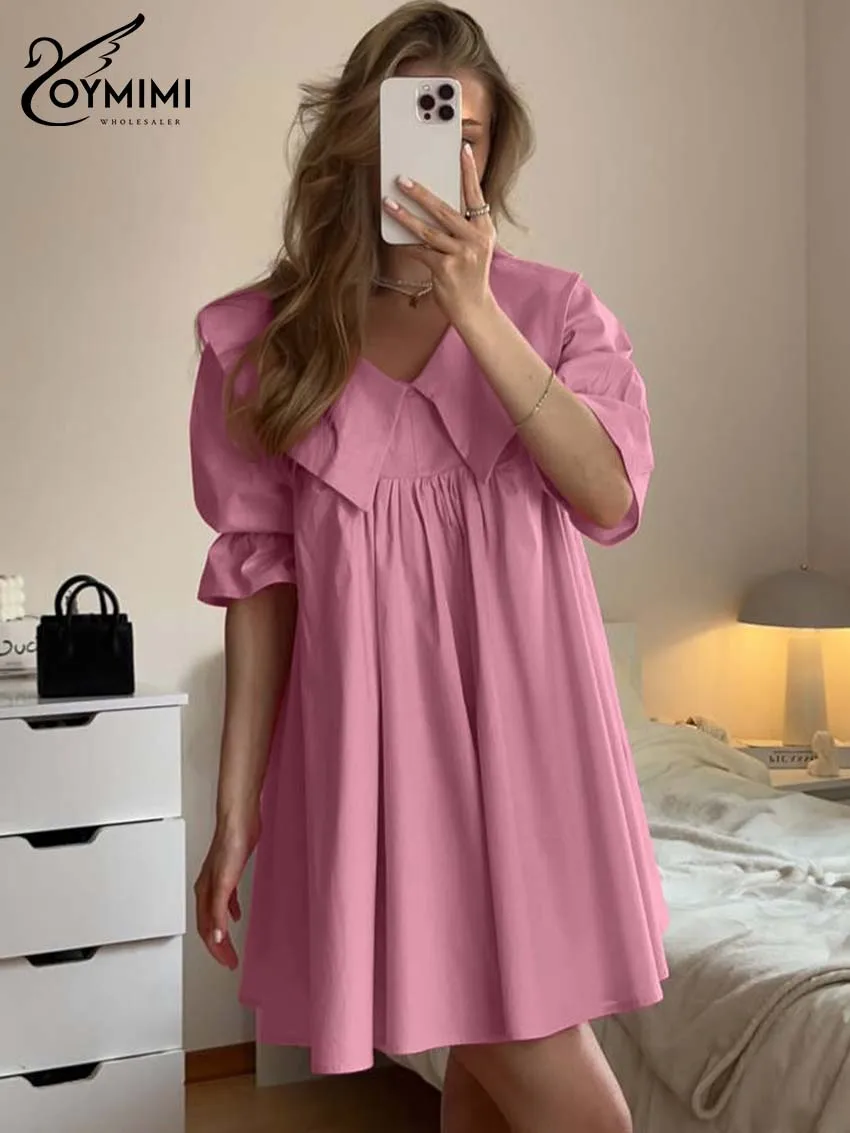 

Oymimi Fashion Pink Cotton Woman Dresses Elegant Turn-Down Collar Half Sleeve Dresses Casual Pleated Loose Mini Dress Streetwear