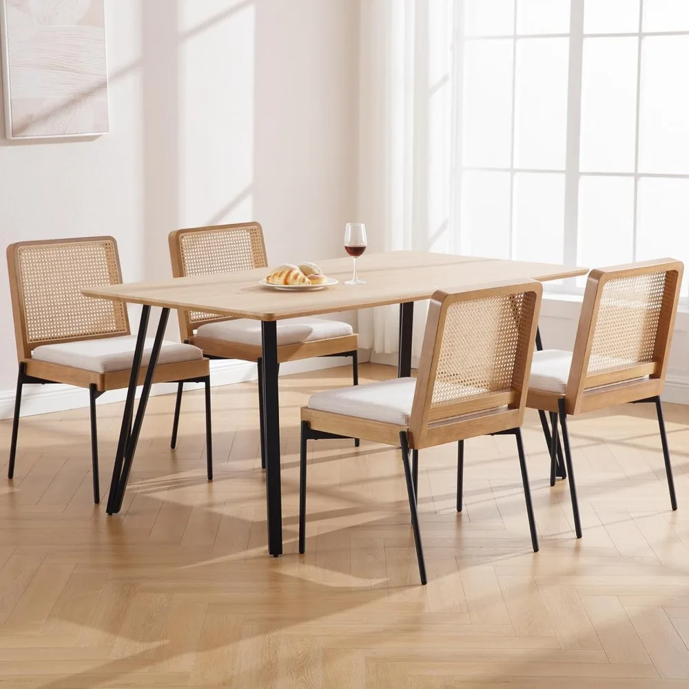 현대 등나무 식사 의자, 리넨 쿠션 주방 식사 등나무, 거실 식당 금속 다리 장식 사이드 의자