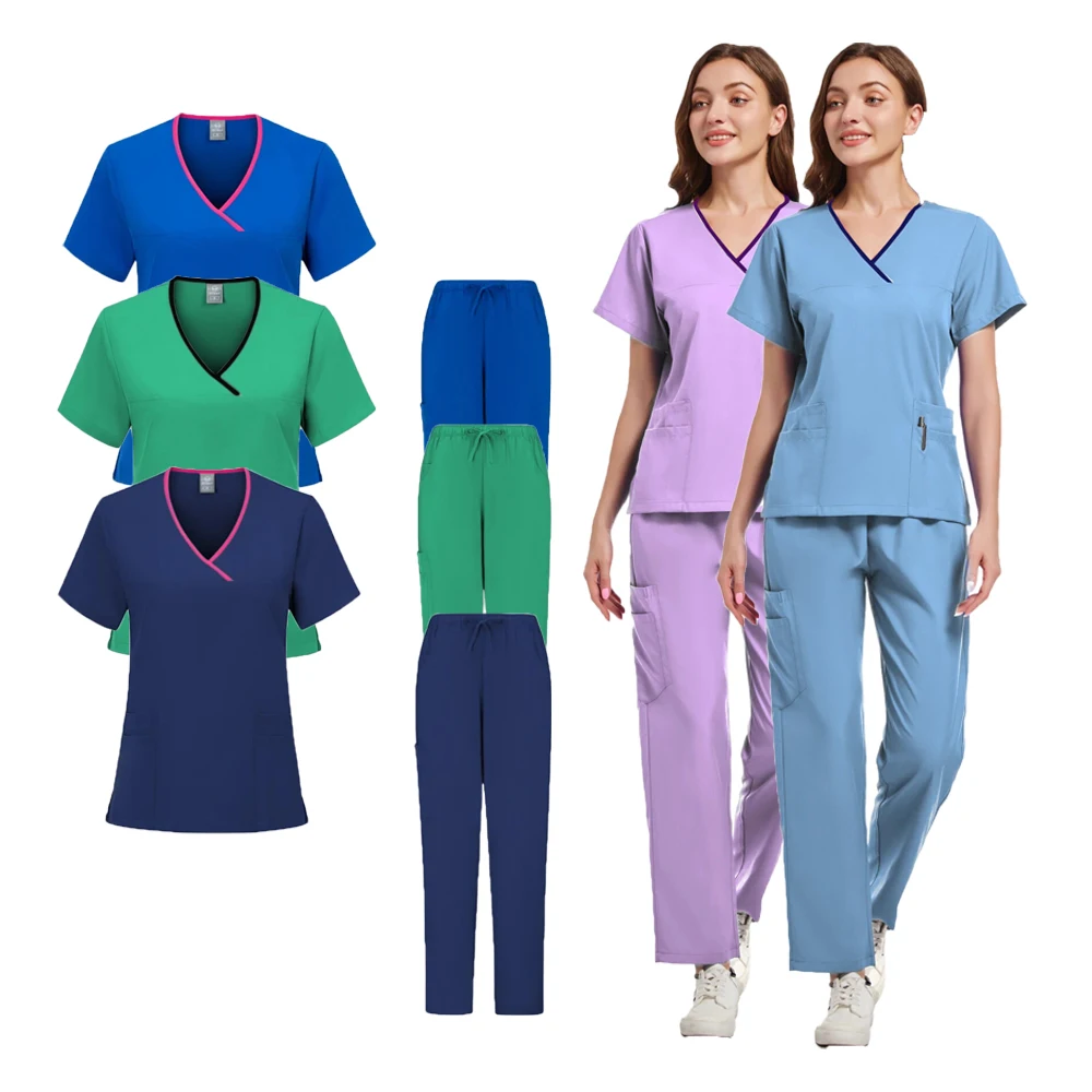 V-neck Shirts Jogger Pants Unisex Medical Clinical Uniforms Casual Nurse Clothes Pharmacy Beauty Workwear Doctor Nursing Uniform