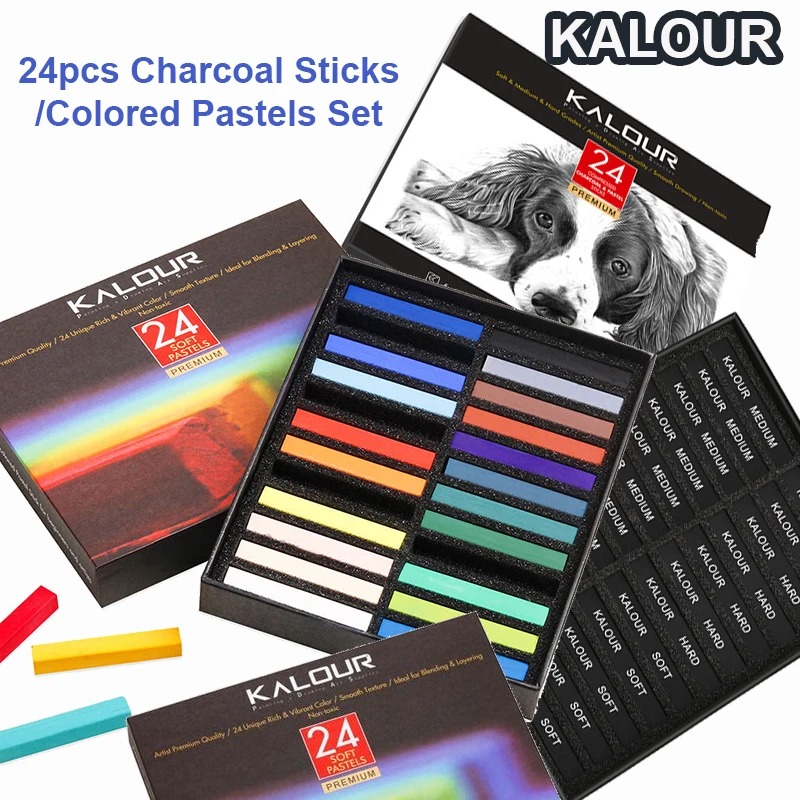

KALOUR Набор произведений искусства из 24 предметов Яркие цвета Мягкая пастель или смешанная твердость Угольные палочки Нетоксичные художественные подарки для рисования для всех уровней