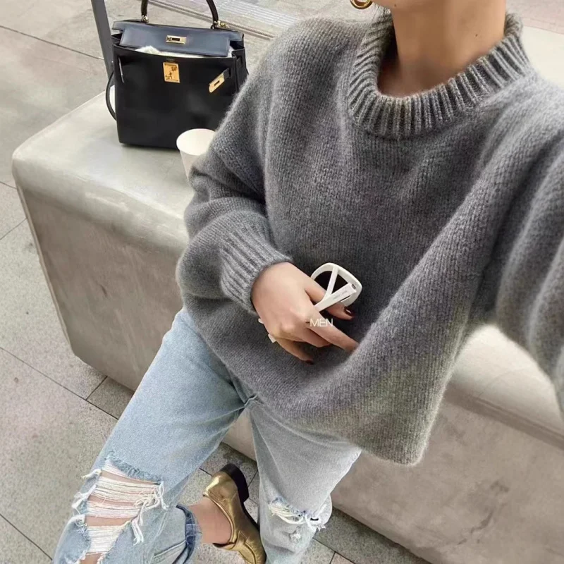 

Heavyweight Thickened Autumn Winter Wool Sweater Gray Round Neck Pullover Women'S Knitted Lazy Style Loose Cashmere Oversized Sw