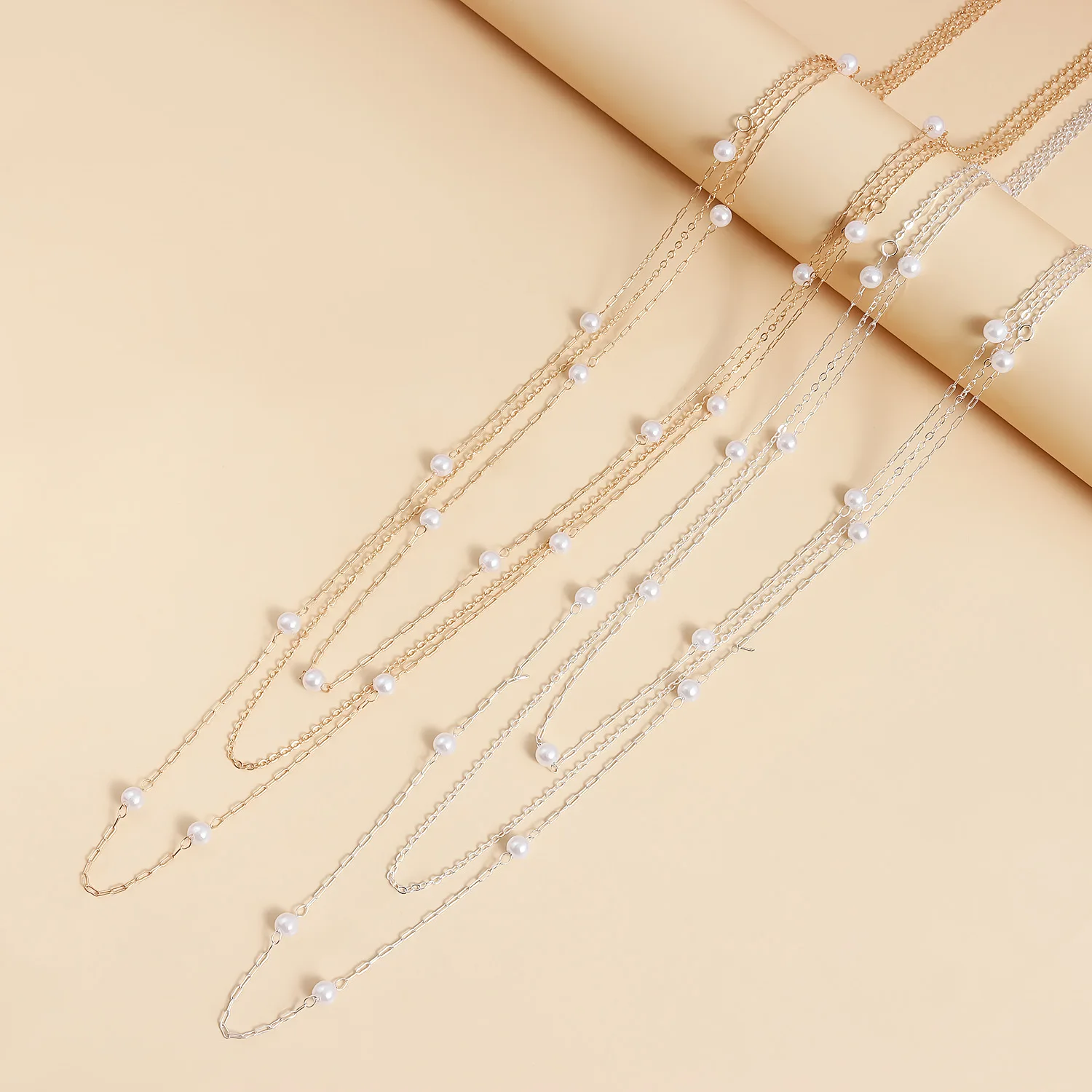 Premium Faux Pearl Layered Necklace Long Length for Women Winter Elegant Geometric Sweater Chain Standard Size Silver