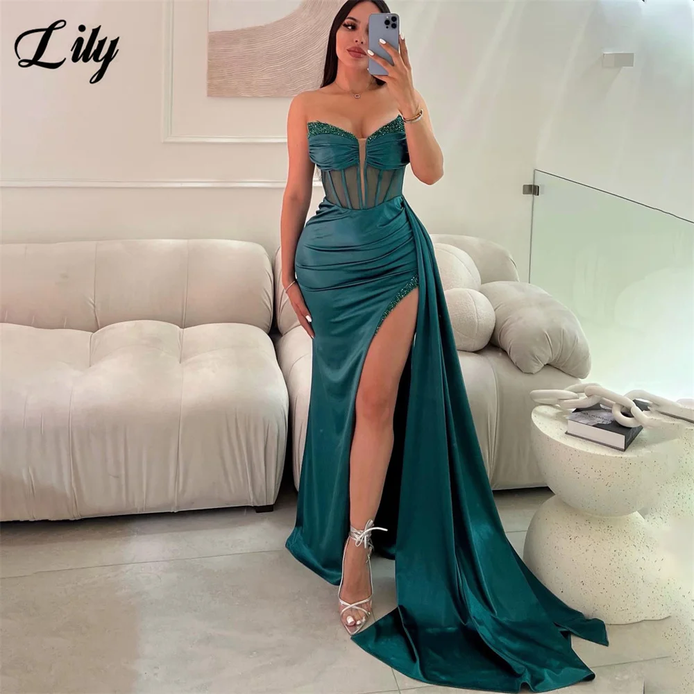 Robe de Rhen satin avec corset transparent, robe de soirée en fibre chérie, fente latérale sexy, trompent Lily Po