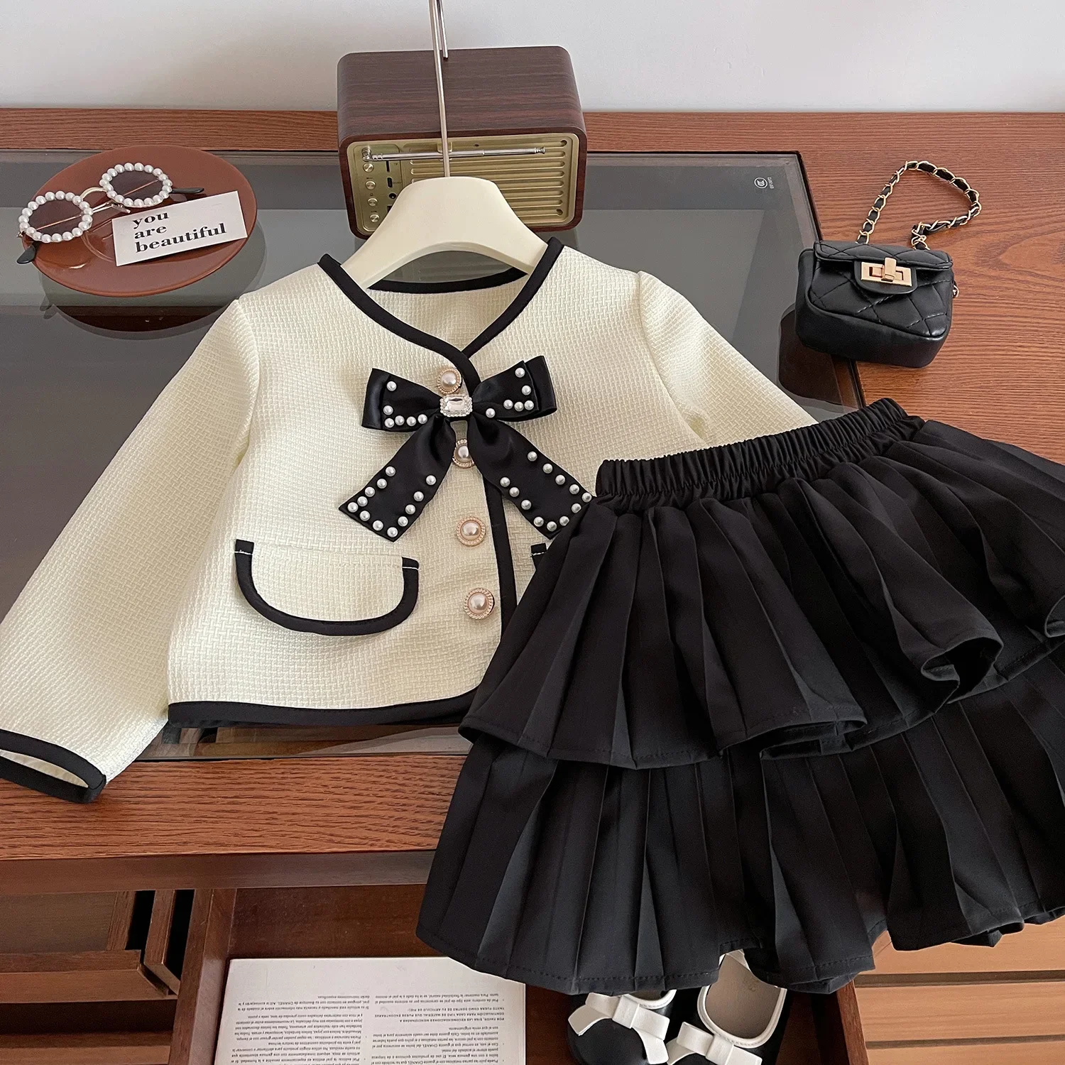 new spring autumn girl clothes 2pc/set bow sleeve long coat+skirt children baby kids students fashion 90-140 white black