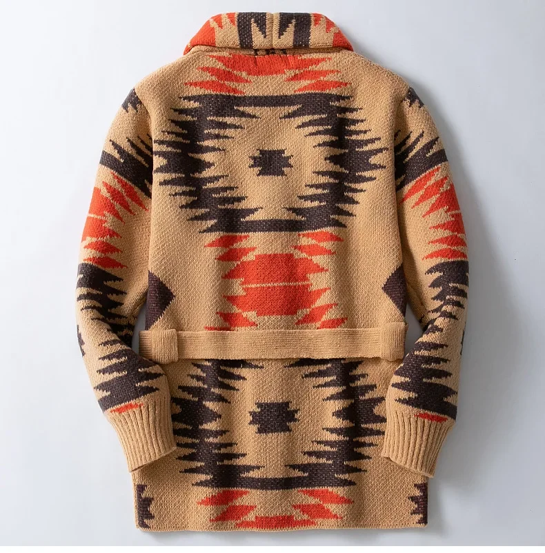 Cardigan da uomo autunno inverno cappotto di media lunghezza colletto rovesciato cappotti con stampa cintura con lacci giuntura maglioni casual a punto aperto