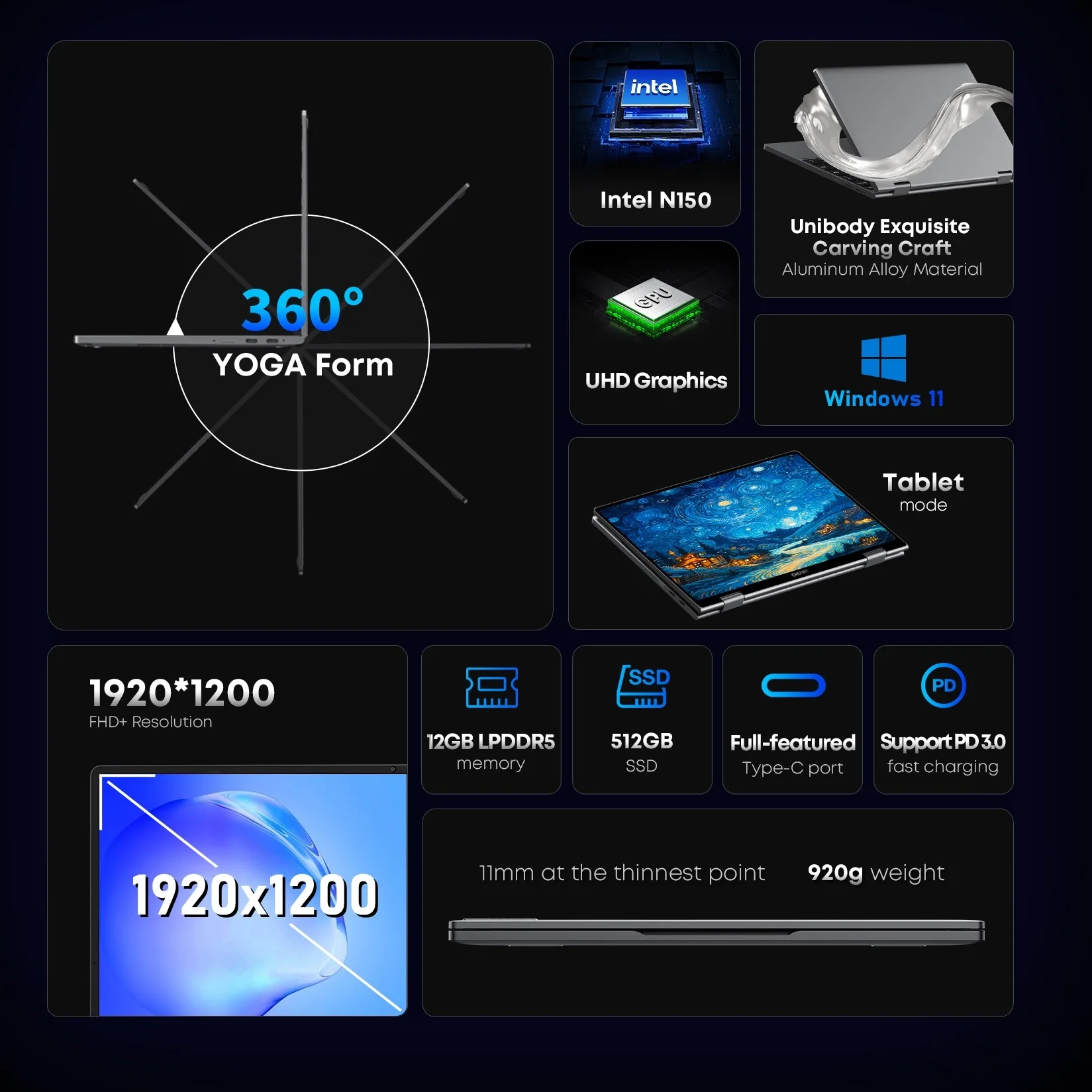 CHUWI 미니북 X N150 노트북 10.51인치 16GB/12GB 램 512GB SSD 2-in-1 요가 모드 인텔 윈도우 11 노트북 360 °   플립형 와이파이 6