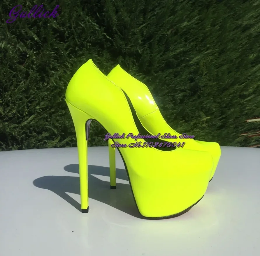 Gullick sepatu hak tinggi wanita, sepatu selop kulit warna Neon kuning Patentl, sepatu pesta stiletto Platform Dalaman ukuran 46