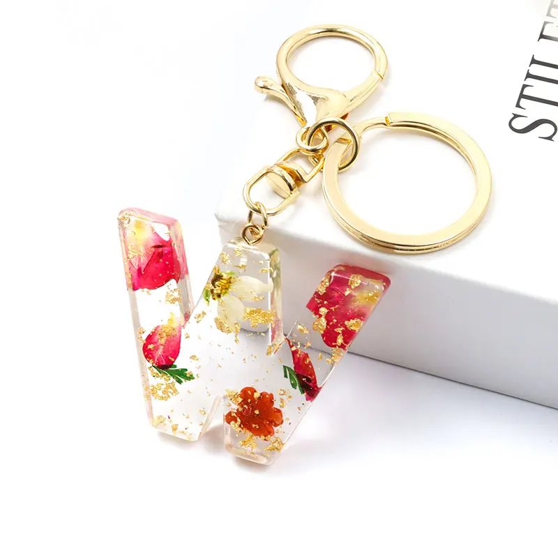 Real Dried Flower 26 Initial Letter Keychain Exquisite Crystal Resin A-Z English Alphabe Charm Keyring Women Bag Key Accessories