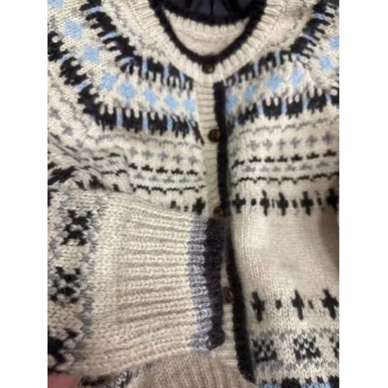 

Retro Fair Isle Color Blo Knitted Sweater Men's Women's Outerwear Design College Sle Long Sve round Ne Knit Cardigan
