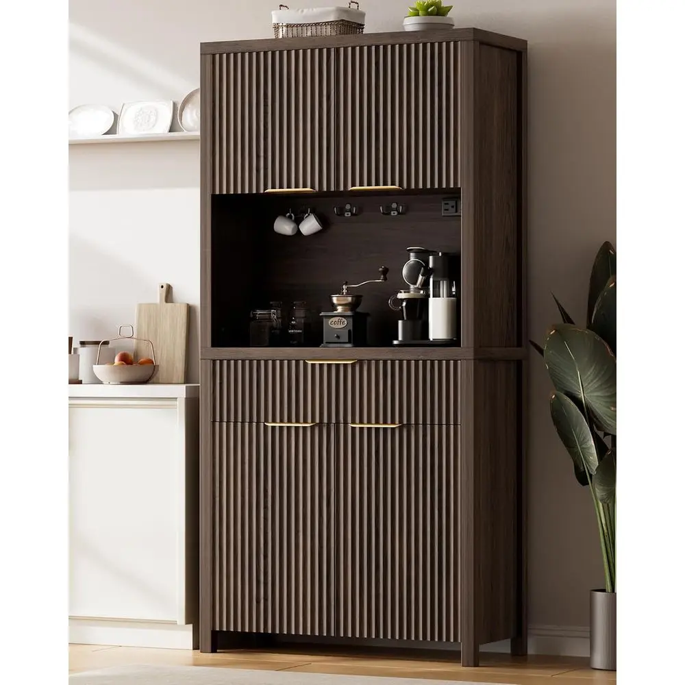

71 Spacious Kitchen Pantry Cabinet with Charging Station, Adjustable Shelves, and Open Countertop for Dining or Living Spaces in