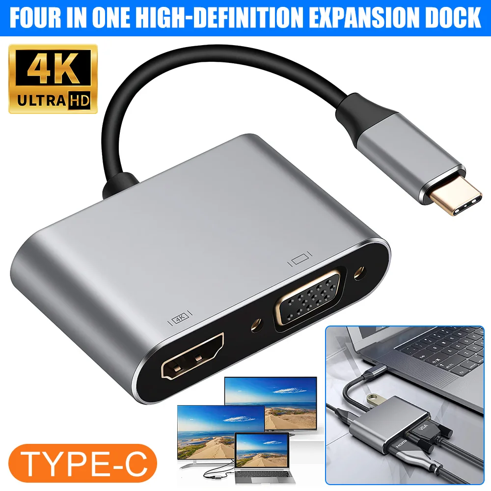 4 in 1 Type-C To HDMI VGA USB 3.0 USB-C PD Charging Port Adapter Dock Hub for Macbook Dell for Huawei P20 Samsung Galaxy S8 S9