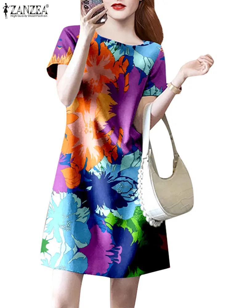 Summer Stylish Floral Printed Dress ZANZEA Women Elegant Casual Holiday Party Dress Short Sleeve Beach Vestidos Knee-length Robe