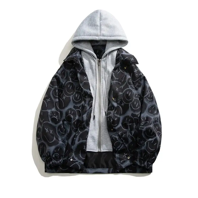 เสื้อแจ็คเก็ตวัยรุ่นสุดเทรนดี้สำหรับเด็กผู้ชาย แบบต่อผ้า ทรงโอเวอร์ไซส์ สำหรับฤดูใบไม้ผลิและฤดูใบไม้ร่วง ผลิตจากโพลีเอสเตอร์ กันลม แขนยาว มีฮู้ด ปิดด้วยกระดุมเม็ดเดียว