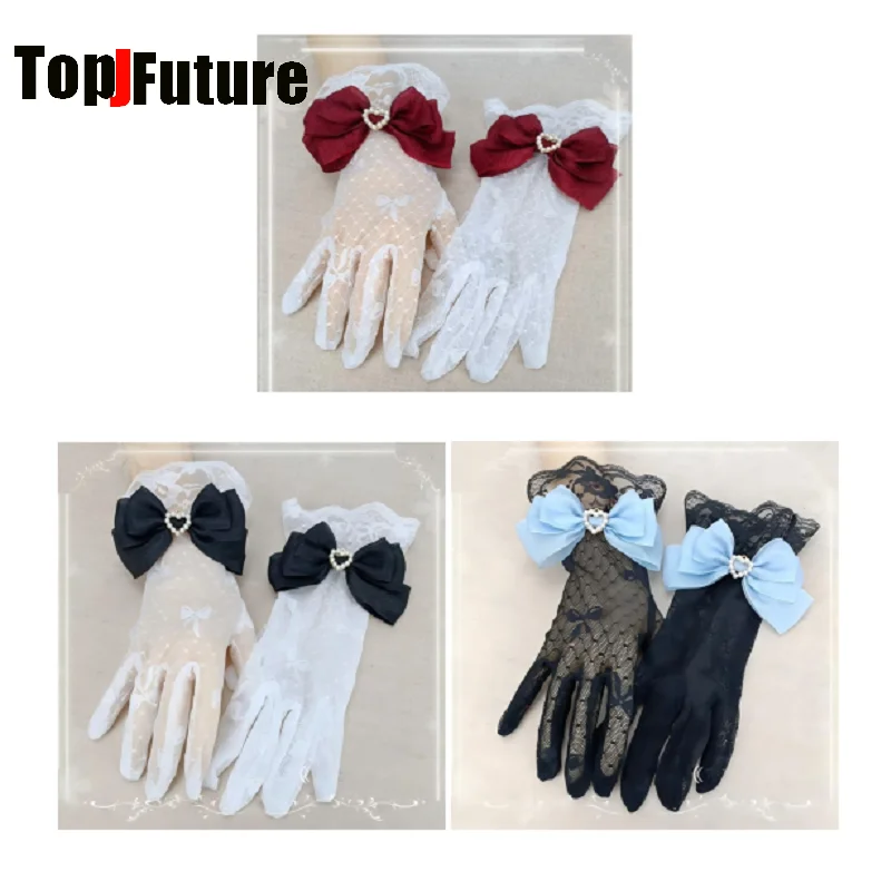 Y2K Girl Sweet Lolita Gothic Elastic Thin Breathable Lace Ruffle Glove With Bow Heart Pearl Chain Subculture Split Finger Gloves