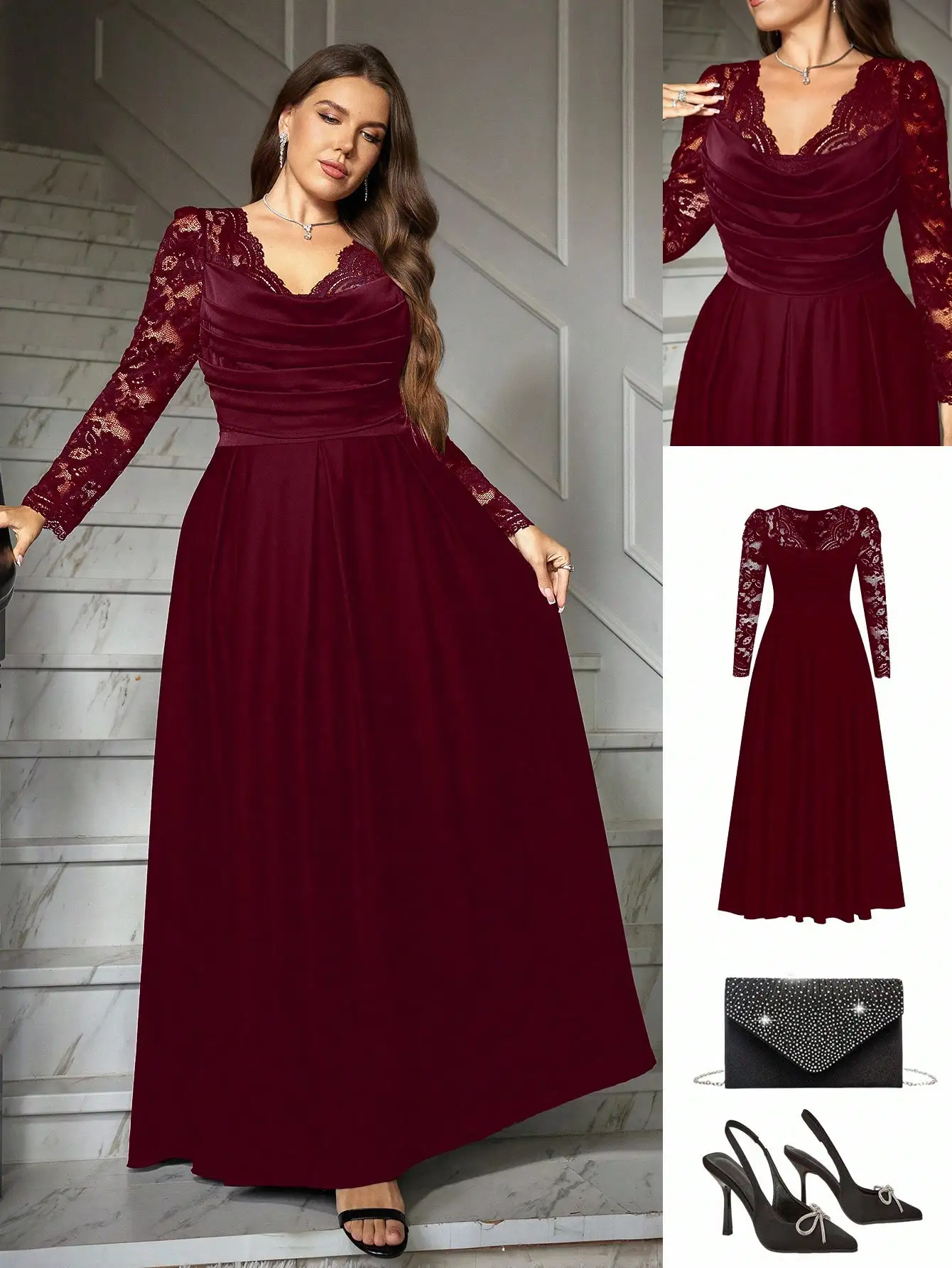 

Burgundy Long Sleeve Lace Overlay Maxi Dress for Evening Party