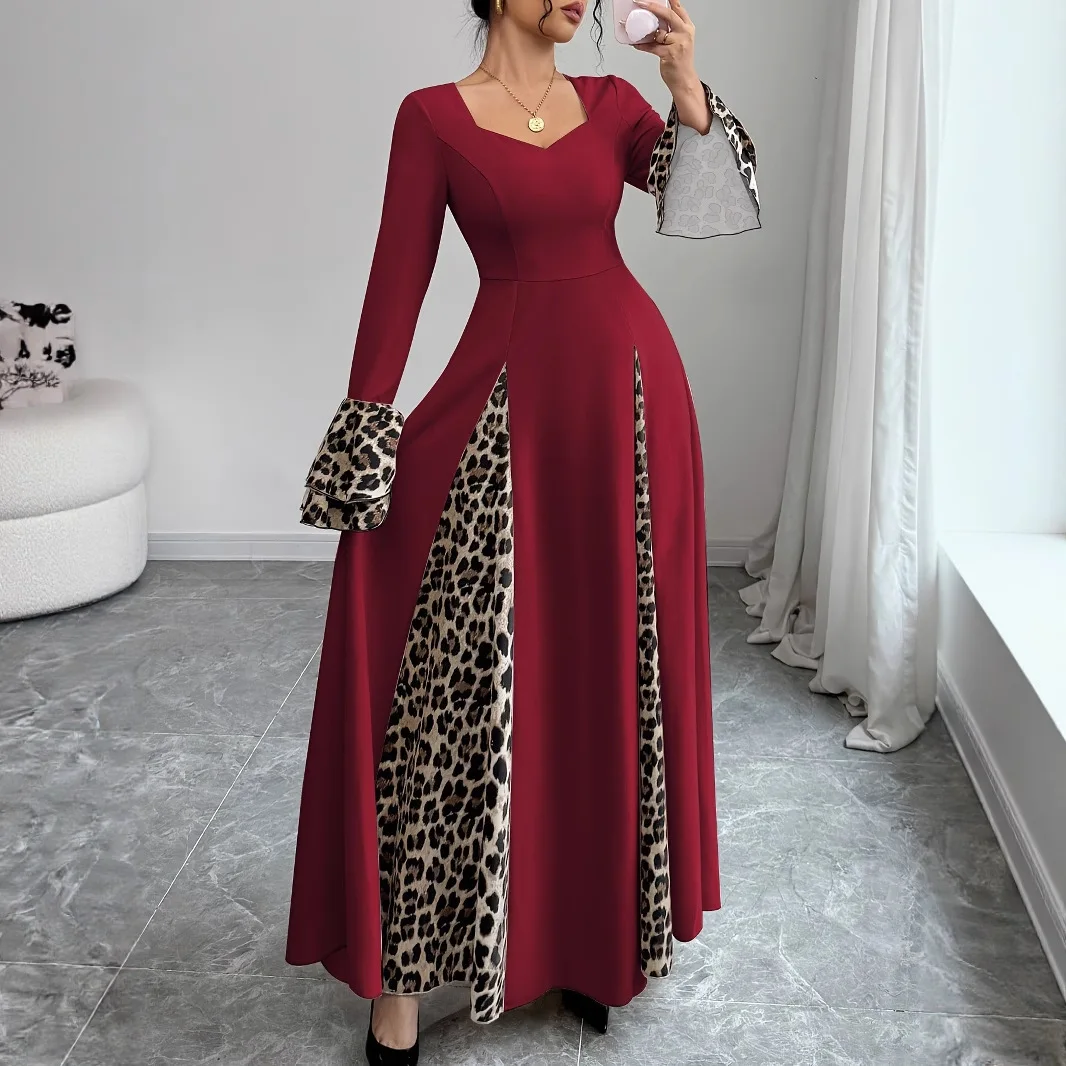 Women's New Style Flared Sleeve Leopard Print Color-block Long-sleeve Maxi Dress, Elegant Fitted Style European and American