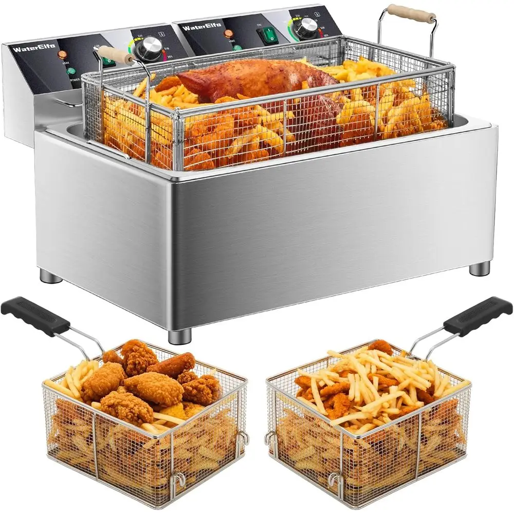 

Электрическая фритюрница для индейки, коммерческая, глубокая, с корзиной, 3600 Вт, 27.4QT (26 л), с таймером, глубокая фритюрница с двумя переменными цилиндрами по 13.7QT*2.