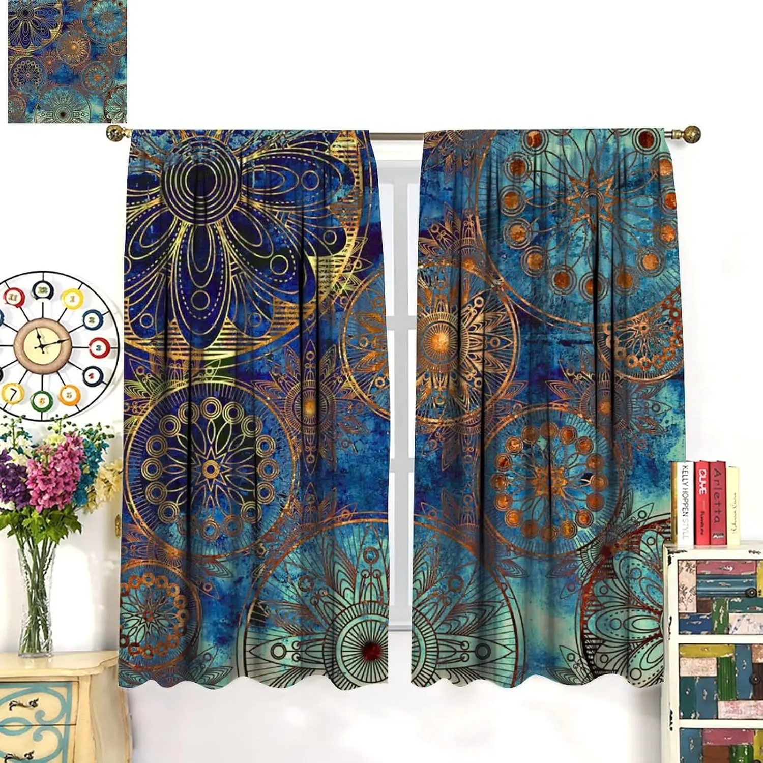 

Mystic Mandala Curtains for Home Decor, Vintage Abstract Magic Art Golden Blue Pattern Window Treatments, Rod Pocket Thermal