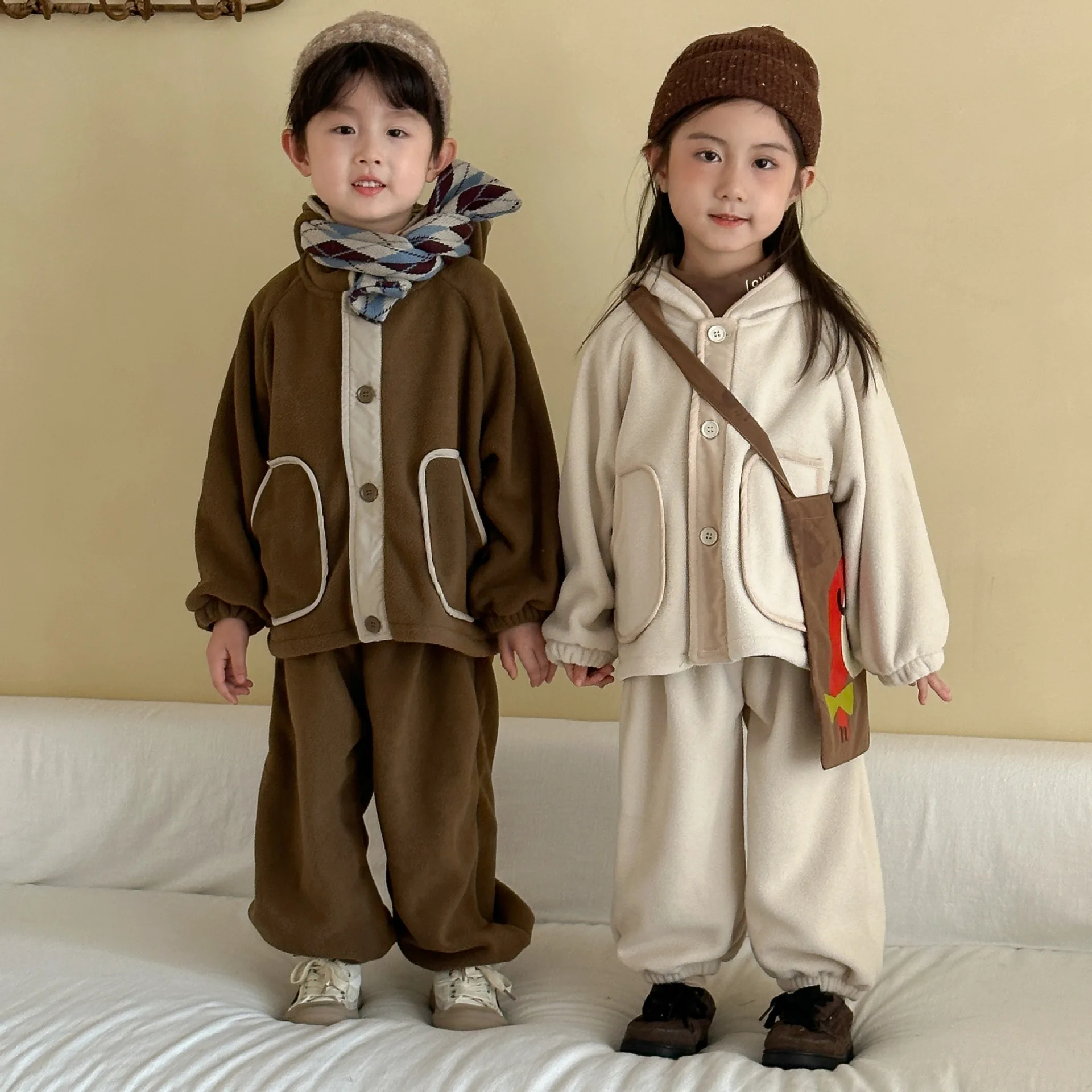 2025 Winter New Children Plus Velvet Thick Clothes Set Boys Girls Fleece Hooded Coat + Casual Pants 2pcs Suit Kids Warm Outfits