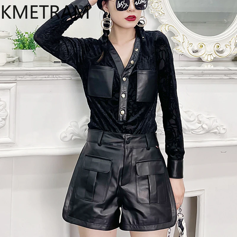 

KMETRAM Top Layer Sheepskin Natural Leather Shorts for Women Black Loose Wide-leg Trousers Autumn Winter Women's Shorts 2024