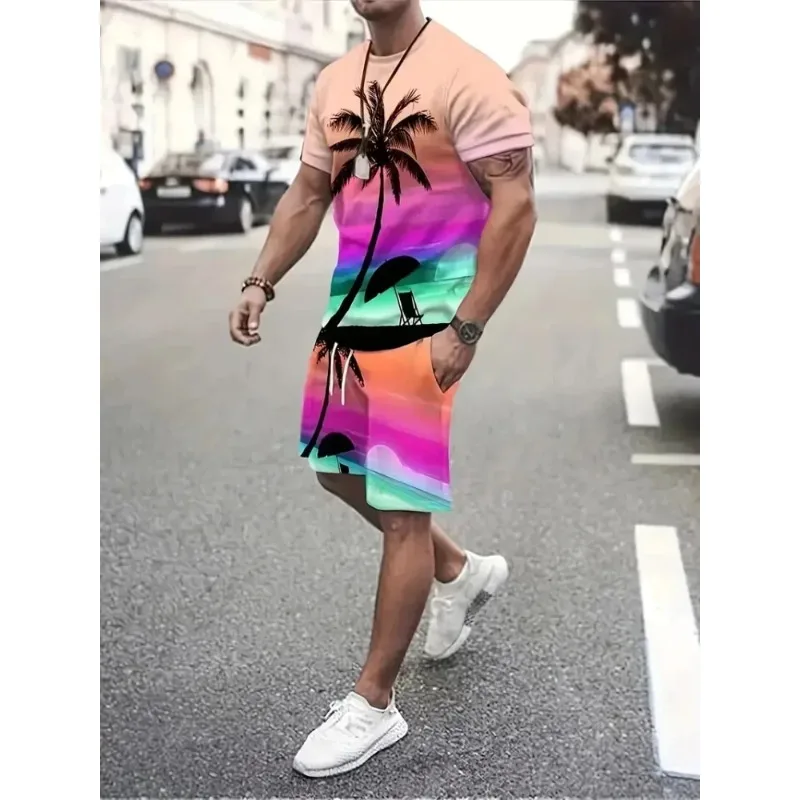 2025 Hawaii Coconut 3D Printed Fashion Round Neck Men's Daily Set Casual Short Sleeve Shorts Harajuku Street Fashion Set