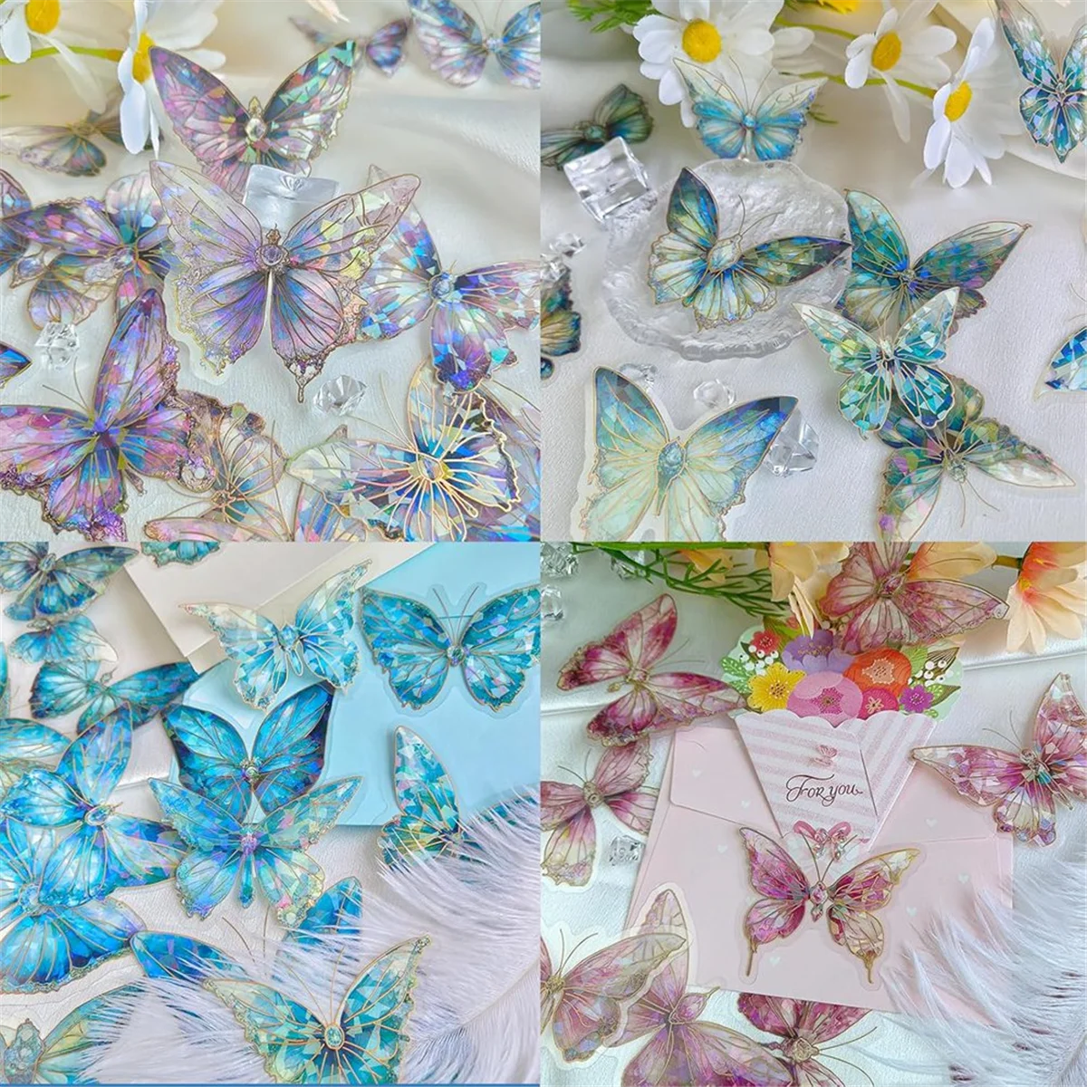 ABJU Holographic Butterfly Stickers Bulk - 160Pcs Crystal Glitter Transparent 3D Gold Foil Outlining for Crafts