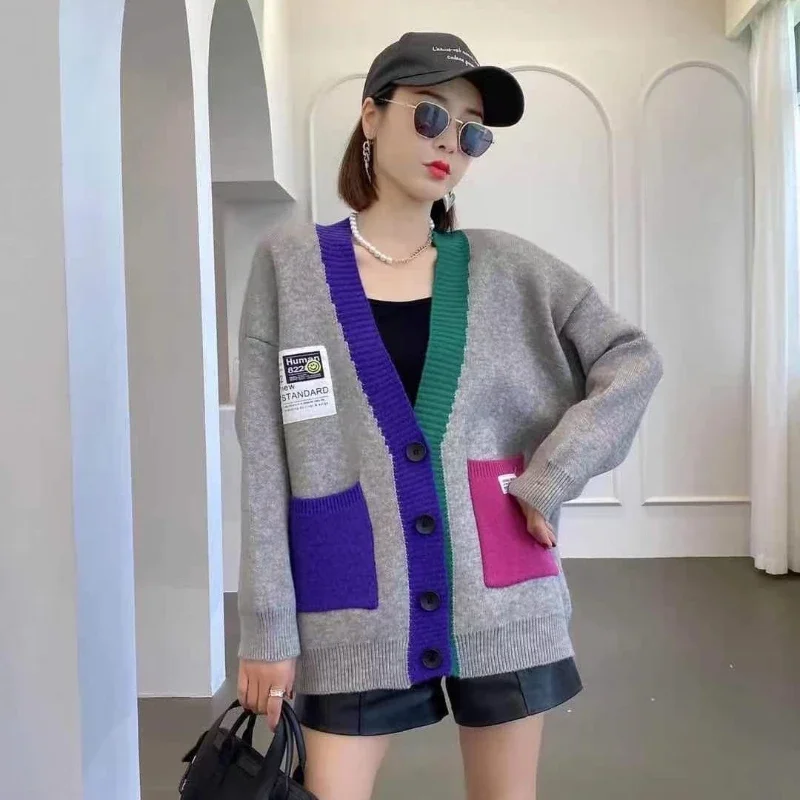 

New Fashion Knitted Sweater Contrast Colors Loose Casual Single Breasted Cardigans Spring Autumn Warm Tops Chic Streetwear Coats