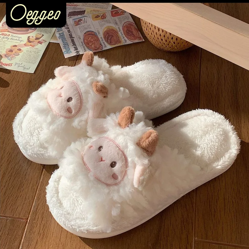 

oeggeo shop winter Cartoon Plush home slippers Flat cotton slippers Women's Warm and anti-skid cotton shoes