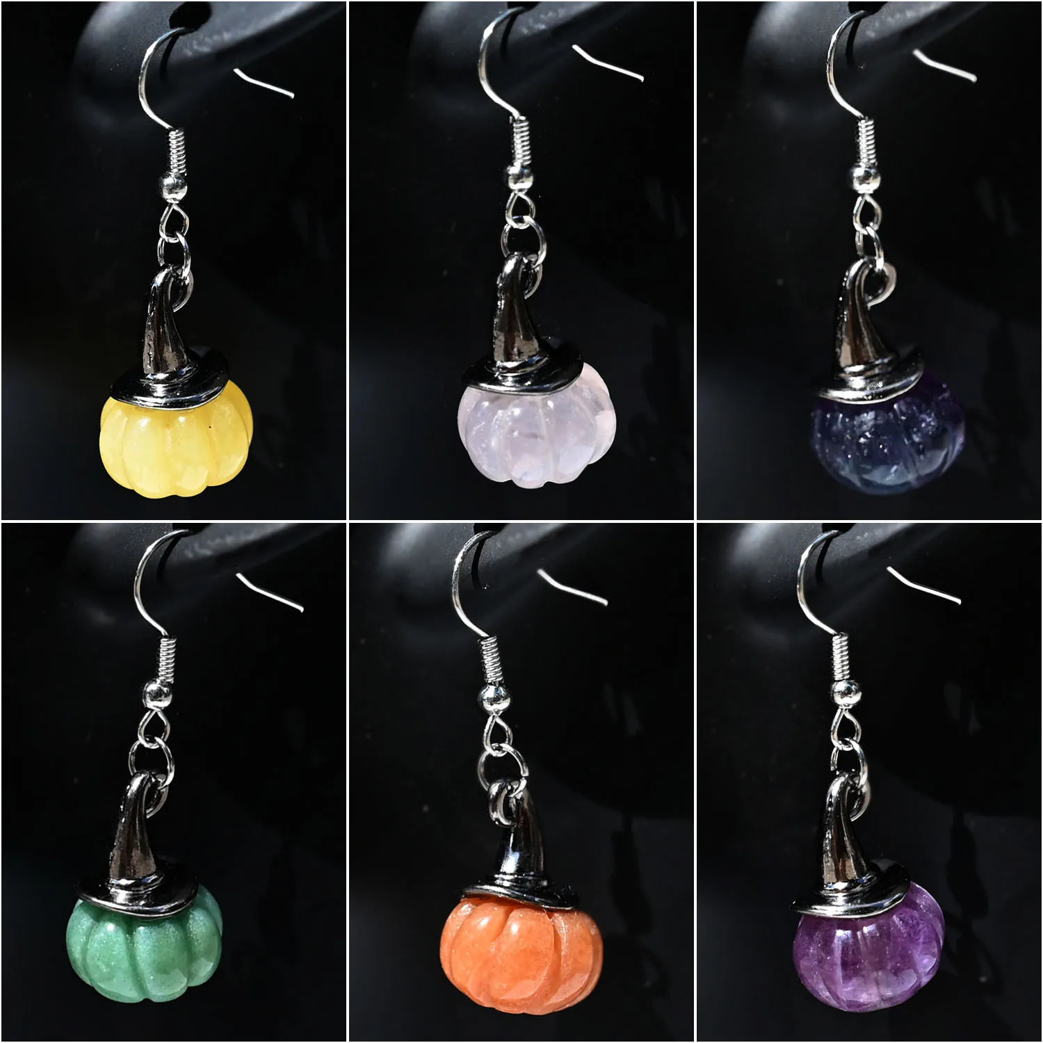 Natural Stone Amethyst Powder Crystal Pumpkin Wizard Hat Earrings Halloween Fluorite Dongling Jade Witch Hat Earrings