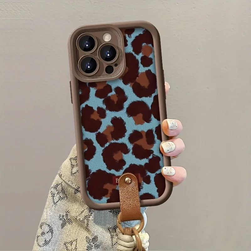 Retro Blaues Leopardenmuster Lanyard-Handyhalter für iPhone 14 15 16 17 ProMax 15 14 13 Pro Plus Stoßfeste Matte Silikonhülle – Detail 3
