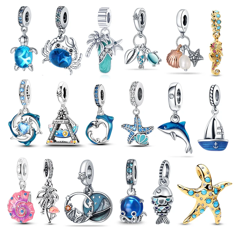 

Hot Sale Original Charms 925 Silver Ocean Series Blue Sea Turtle Charms Beads Fits 3mm Woman Bracelet DIY Fine Jewelry Gifts