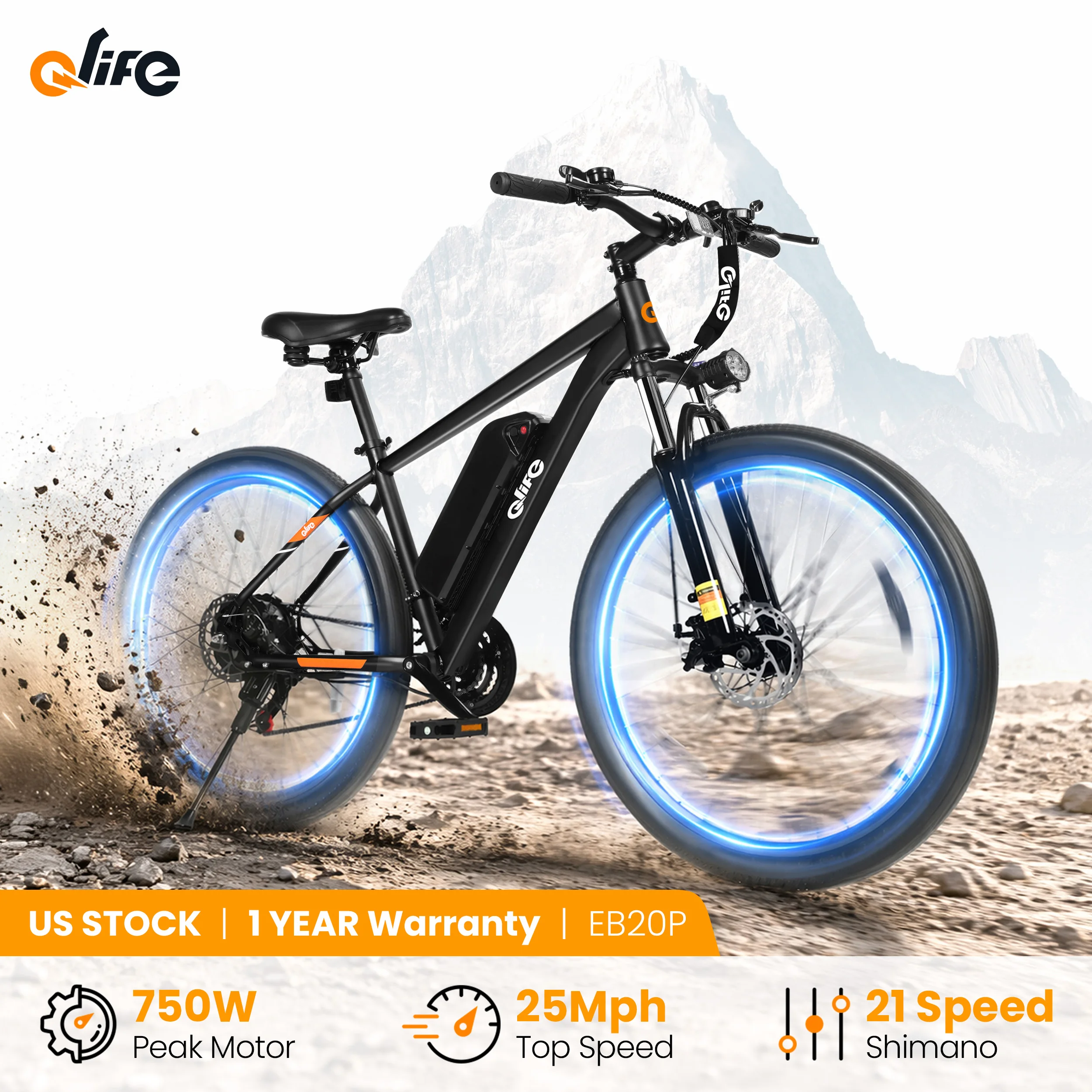 

Qlife Race Electric Bike for Adults, Peak 750W 48V 7.8Ah, 26" Tire Electric Mountain Bike, 21-Speed Off-road Electric Bicycle, 25MPH 40 Miles