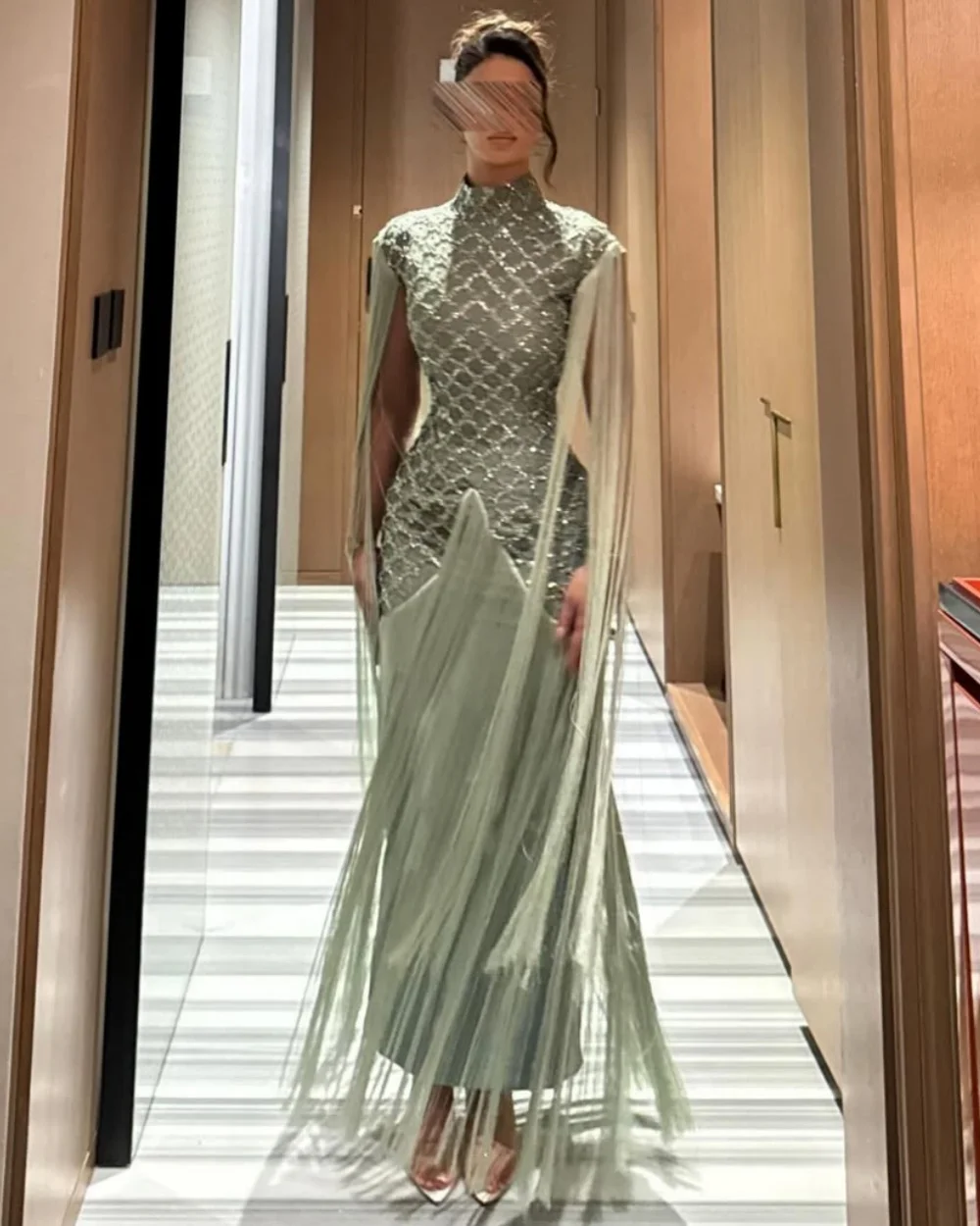 

Customized Modern Style Women Jersey Sequined Tassel Straight Evening Dress Formal High Collar Long Sleeves Ankle Length Dresses