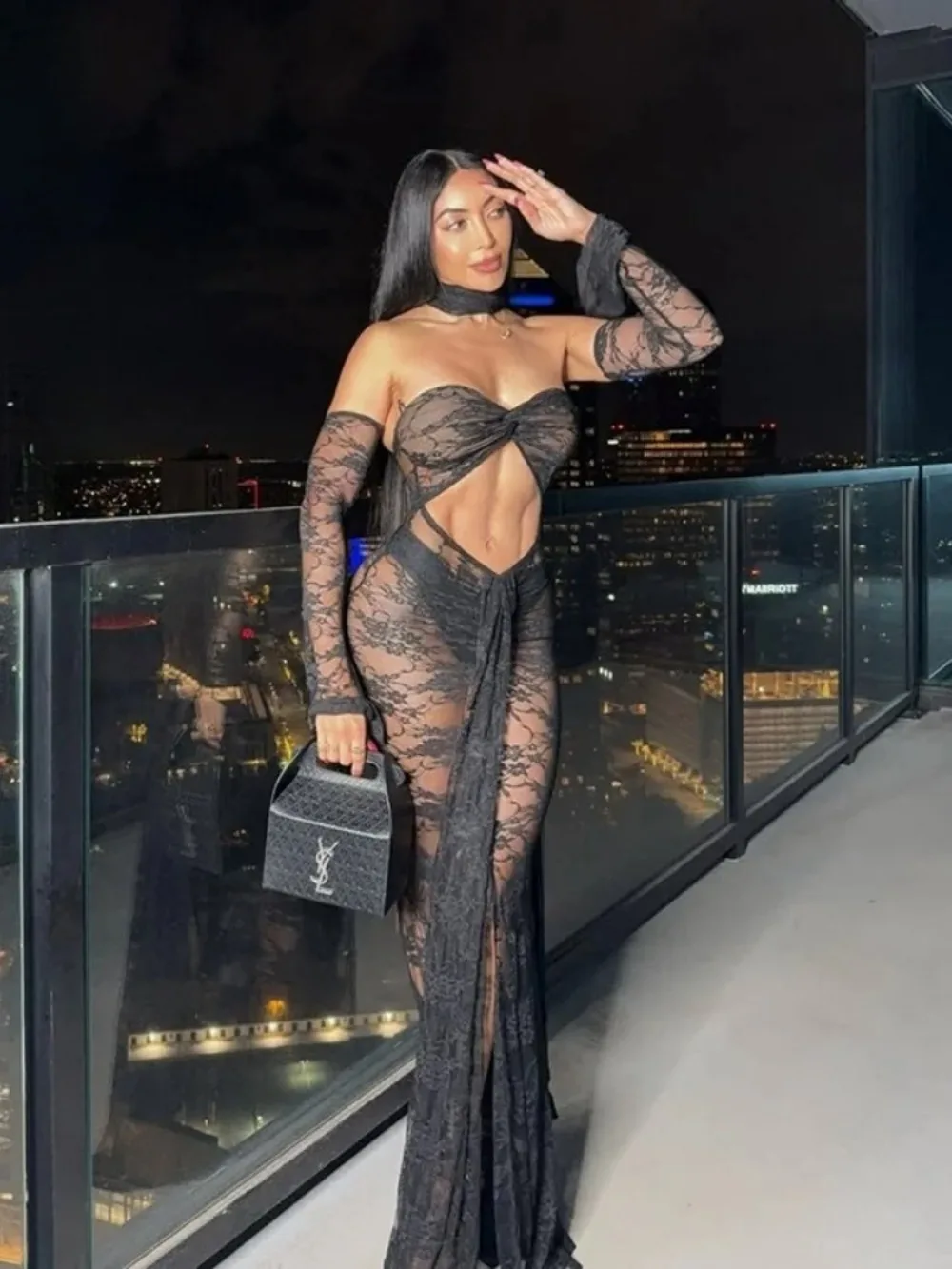 See Through Lace Mesh Black Sexy Dress 2025 Summer Beach Cutout Split Long Sleeve Dresses