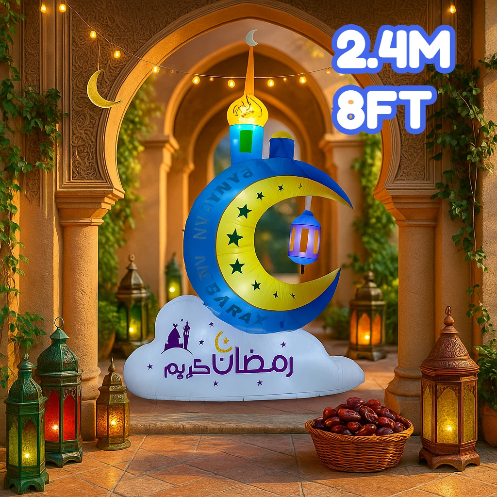 

8 футов/2,4 м Рамадан надувной синий полумесяц желтая звезда Декор Рамадан Мубарак светодиодные фонари исламский Рамадан надувной для двора